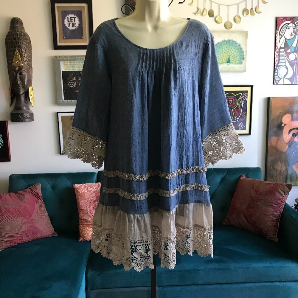 ADORN size M Blue Pintuck 3/4 Sleeve Lace Accent Cottagecore Dress Boho